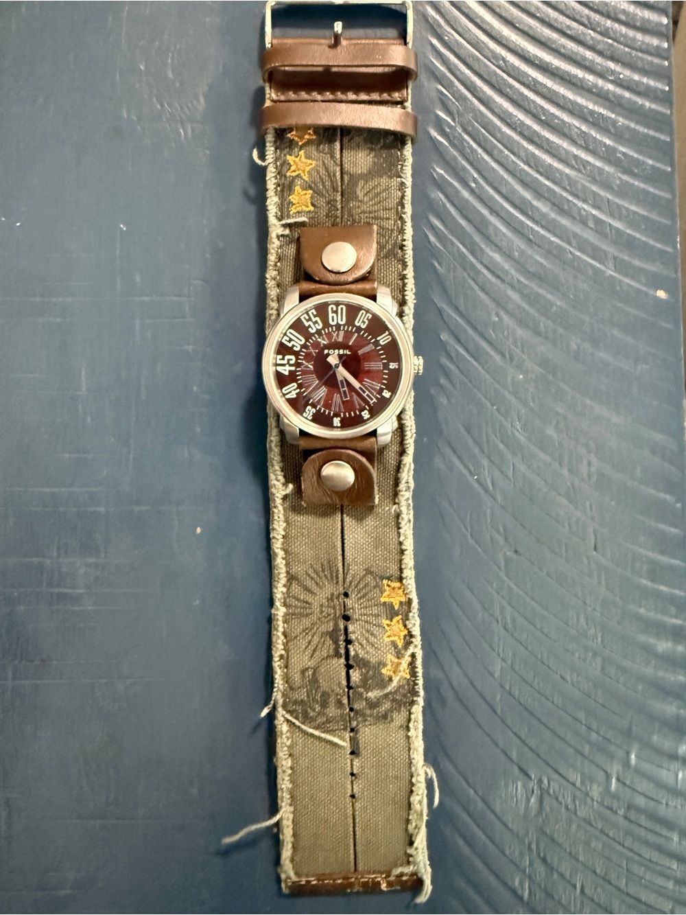 Rare UNIQUE Vintage-style Men’s Canvas Wide Cuff Watch FOSSIL JR-9313 BAW